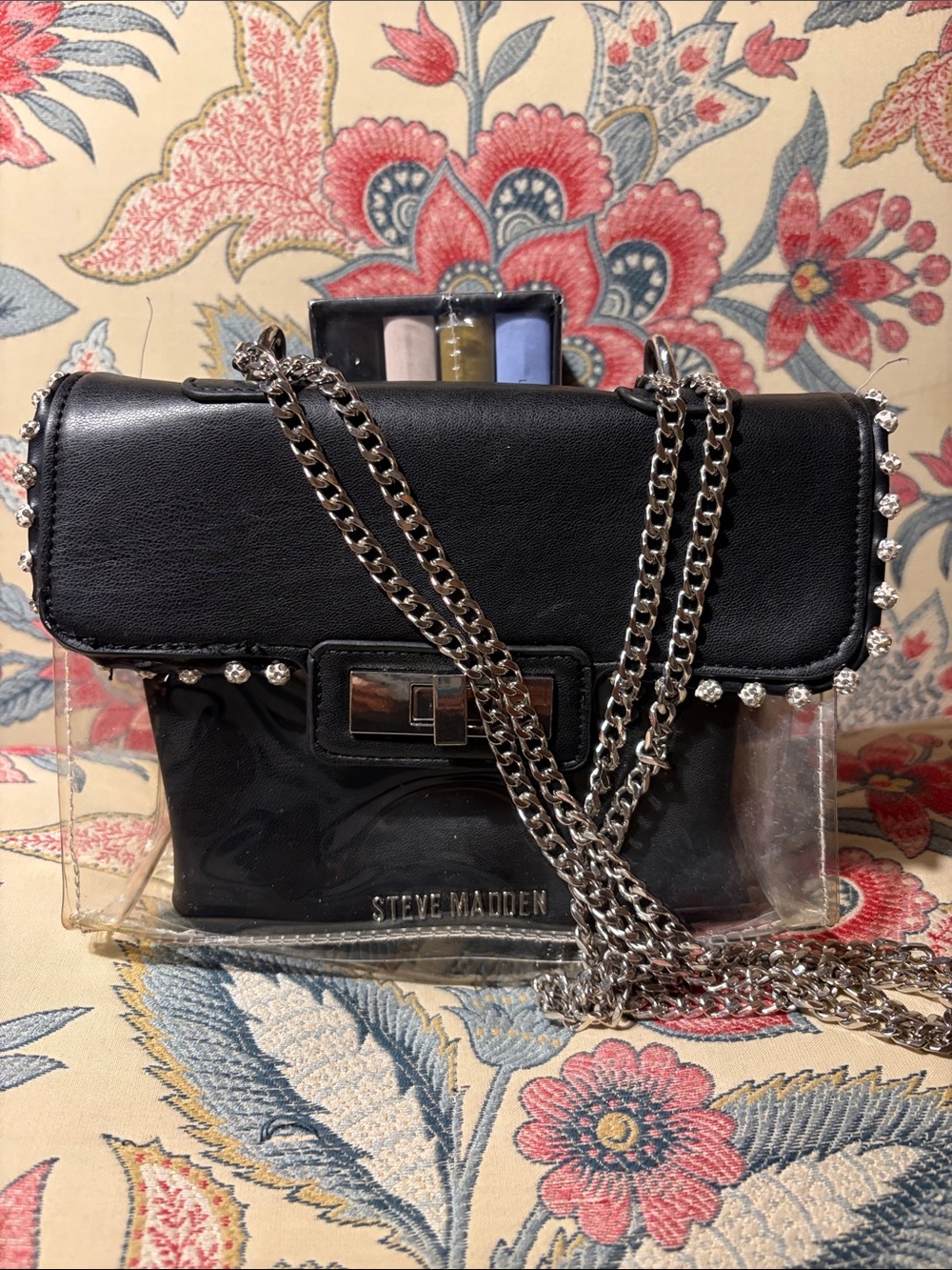 Steve Madden Scoop Vyper Bag Rhinestones PVC Body Black Flap w/Pouch